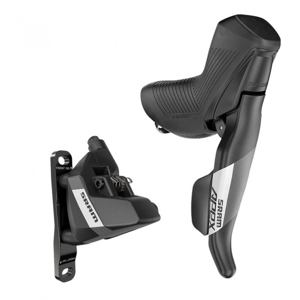 SRAM Apex rechts 12-fach Flat Mount Scheibenbremse vorn, schwarzer Bremshebel und Bremssattel.