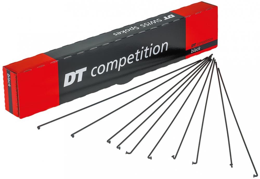DT Swiss Competition Speichen 2.0/1.8 294 mm schwarz, robust und leicht, neben der Produktverpackung.