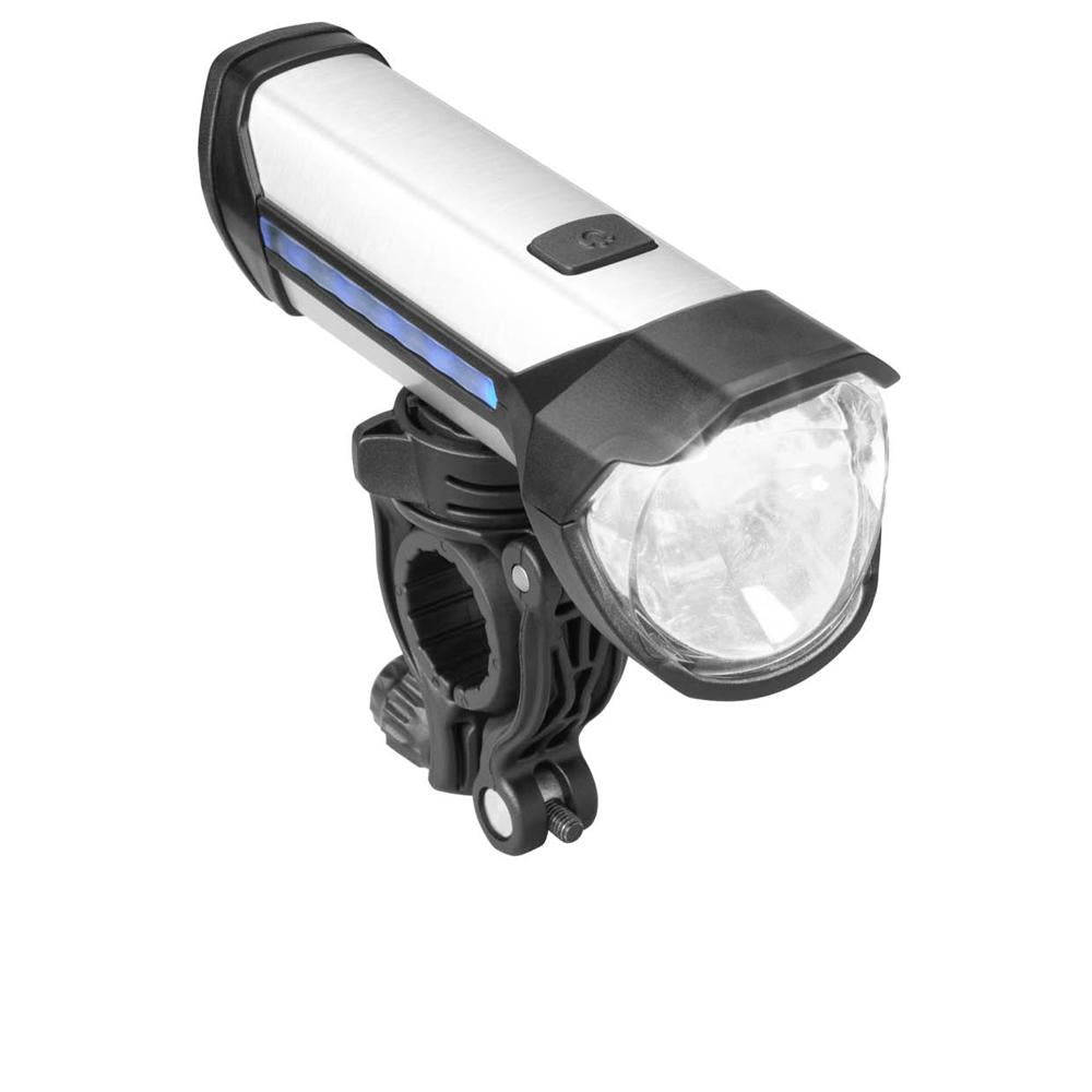 Busch + Müller IXON ROCK LED Akku-Scheinwerfer 100 Lux in Schwarz-Silber mit Powerbank-Funktion und Halterung.