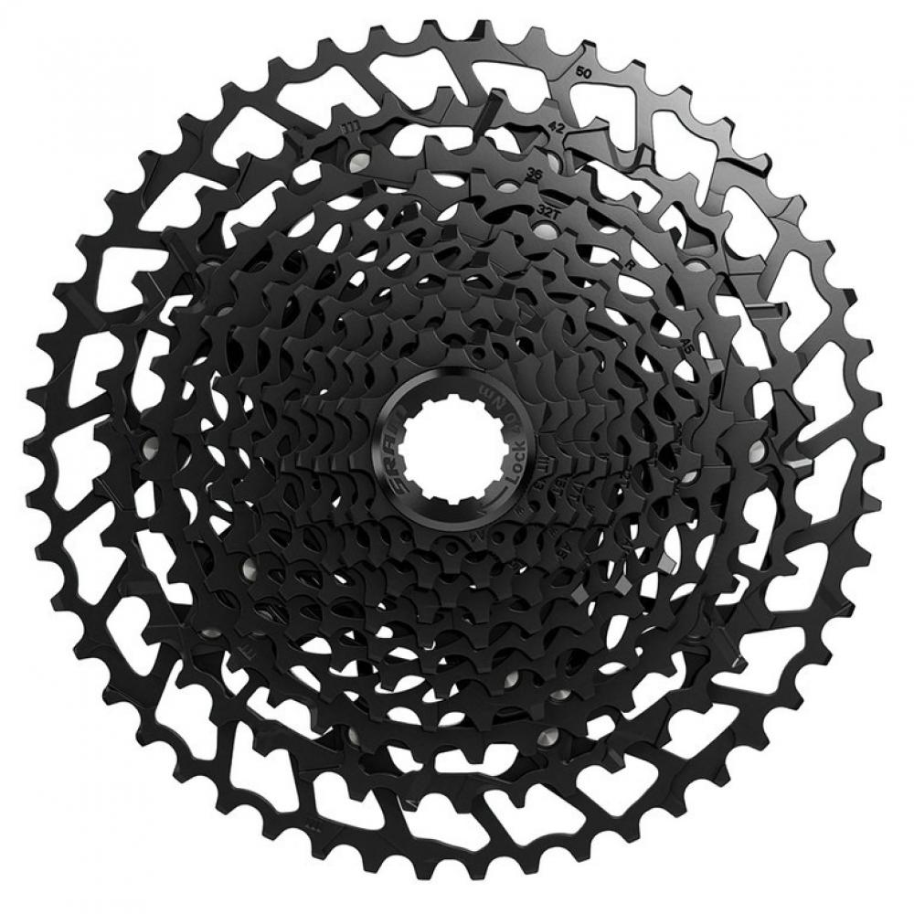 Schwarze SRAM PG-1230 12-fach Kassette mit 11-50 Zähnen für Fahrräder.
