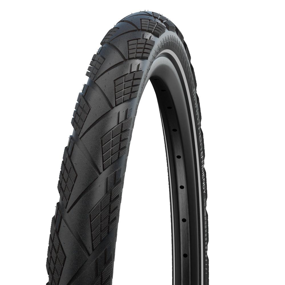 Schwalbe Marathon Efficiency E-50 Reifen 28x2.15" (55-622) schwarz mit Reflexstreifen und ausgeprägtem Profil.