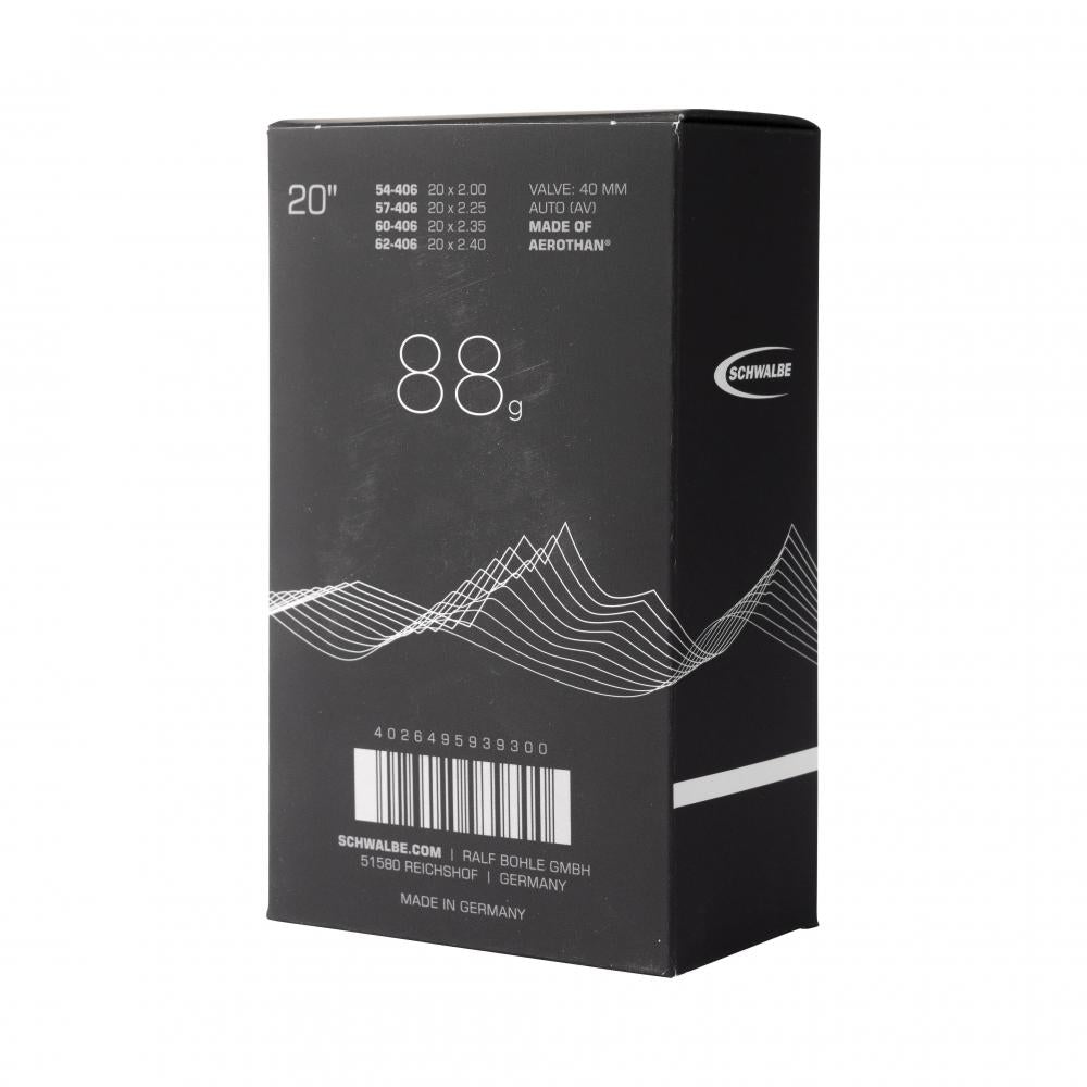 Schwalbe AEROTHAN Schlauch 20 Zoll für BMX & Cargo, pannenresistent, 40mm Autoventil, 88g, schwarze Verpackung.