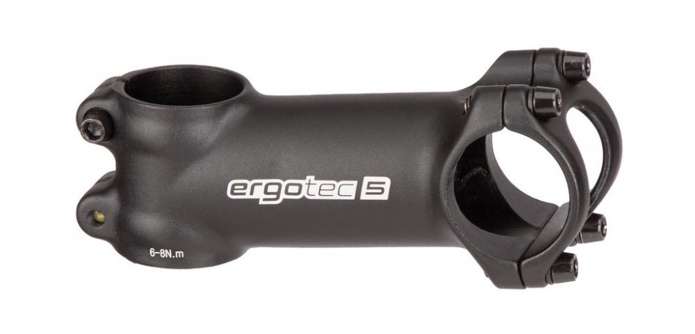 Schwarzer Ergotec AHEAD Fahrrad-Vorbau Shark aus Aluminium, 110mm, 7°, mit Ergotec Logo.