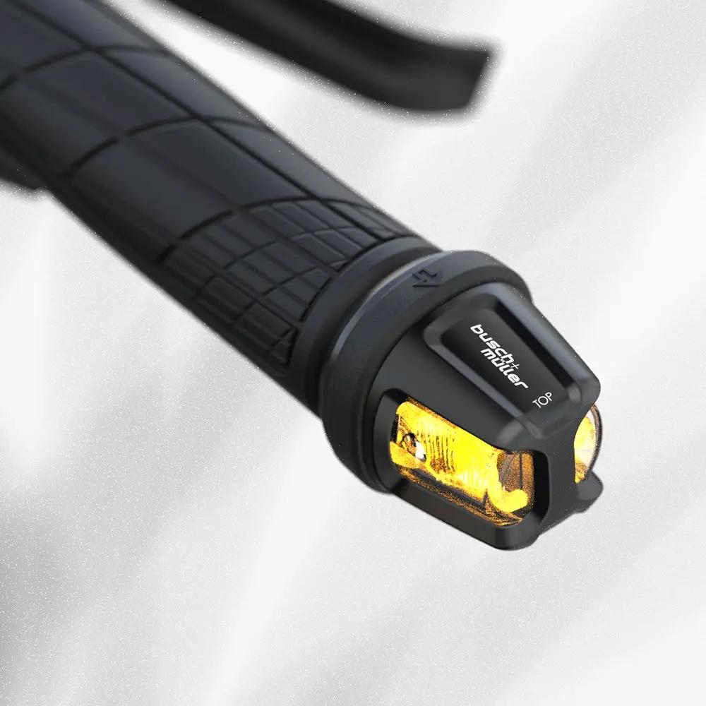 BUSCH & MÜLLER Turntec T2 Fahrradblinker, gelb leuchtend, akkubetrieben, StVZO, am Lenkerende montiert.