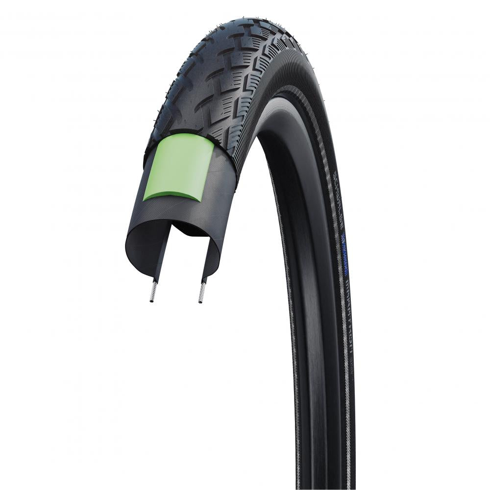 Querschnitt Schwalbe Marathon 27.5x1.65 Reifen mit grünem Pannenschutz und ADDIX Performance Line Profil HS420