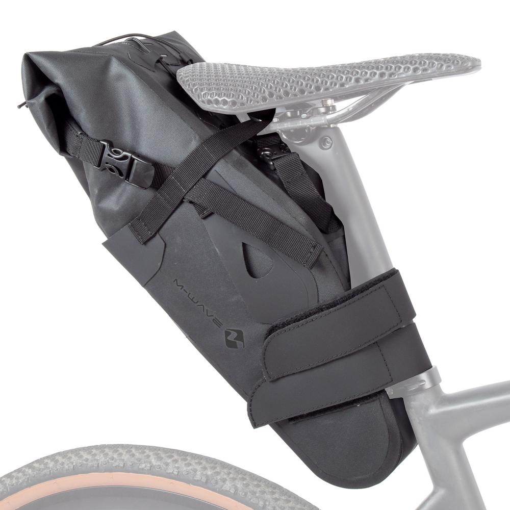 M-WAVE Rough Ride II Saddle L Satteltasche 12 Liter - 100 % wasserdicht, Ripstop, Reflex, Rollverschluss, Helmnetz, Rücklicht-Halterung