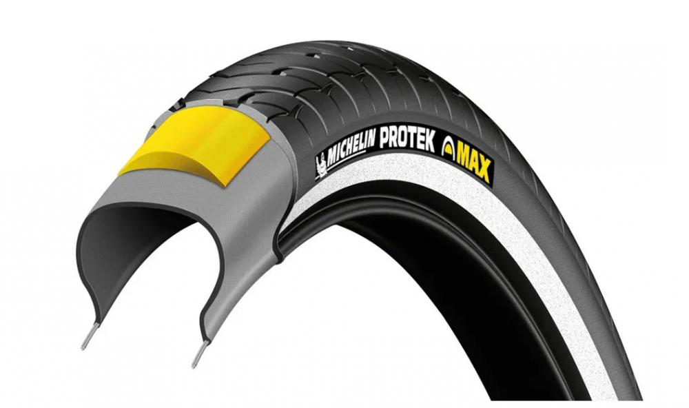 Michelin Protek Fahrradreifen im Querschnitt mit gelbem Pannenschutz und Reflexstreifen für City-/Trekkingräder.