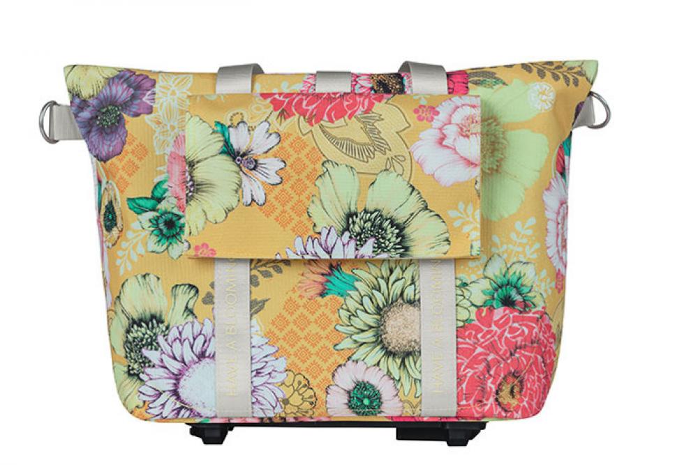 Basil Bloom Field Fahrrad-Schultertasche in Honiggelb mit buntem Blumenmuster.