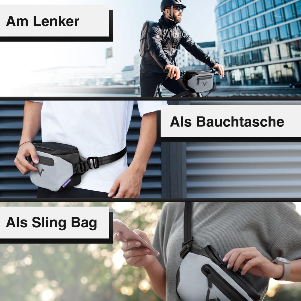 Valkental 3in1 City Bag Lenkertasche schwarz mit Fenster - 4,5 Liter, reflektierend, KLICKfix-kompatibel, wasserdicht, Handyfach, Umhängegurt