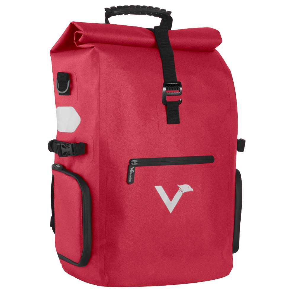 Rote Valkental ValkPro 3in1 Fahrradtasche Rucksack mit Rollverschluss und seitlicher Tasche.