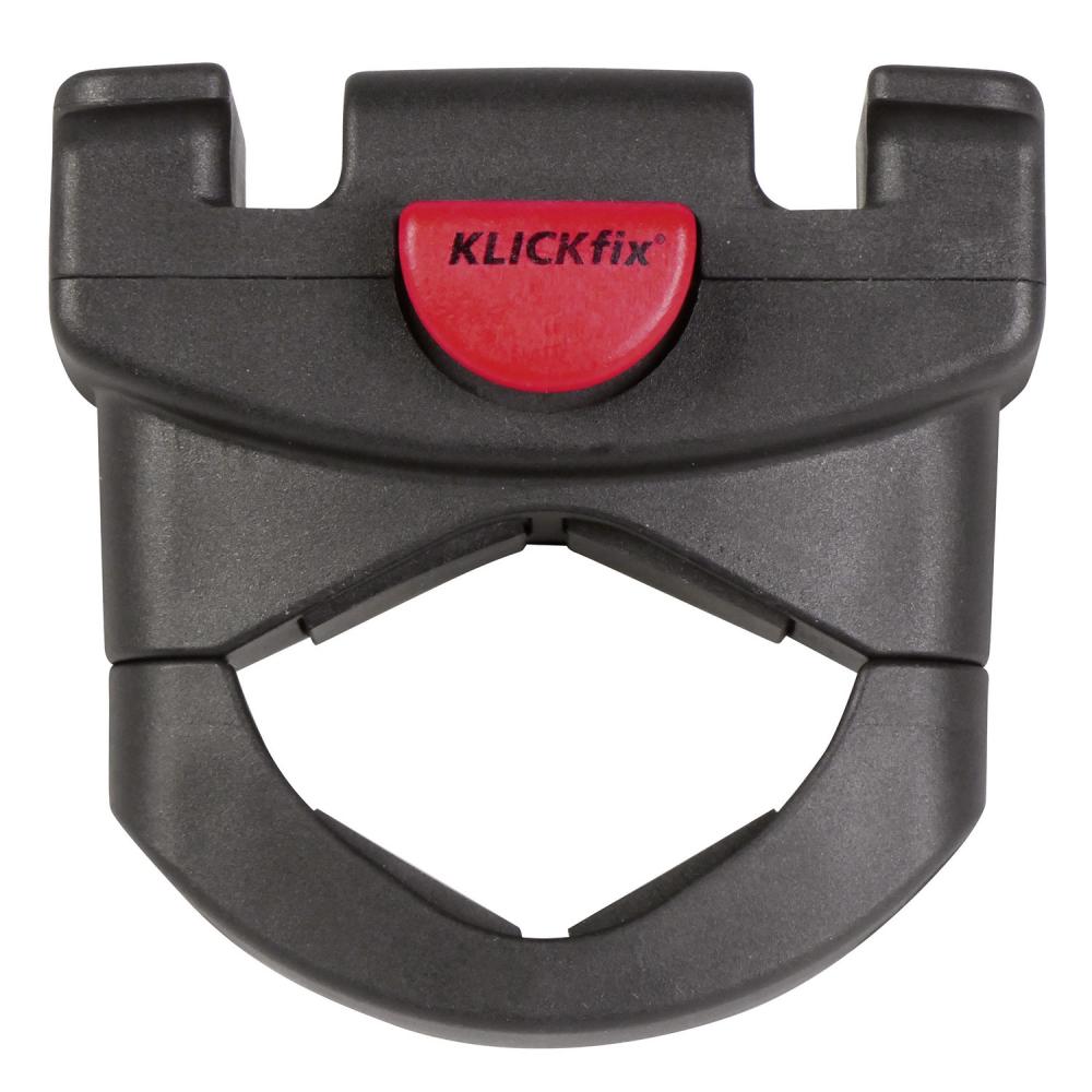 Schwarzer KLICKfix Lenkeradapter Caddy Oversize mit rotem Knopf für E-Scooter/Falträder, max. 7kg Last.