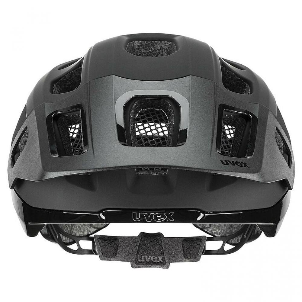 Uvex React MTB-Helm schwarz matt, Rückansicht, Größe 56-59cm, EN 1078 zertifiziert.