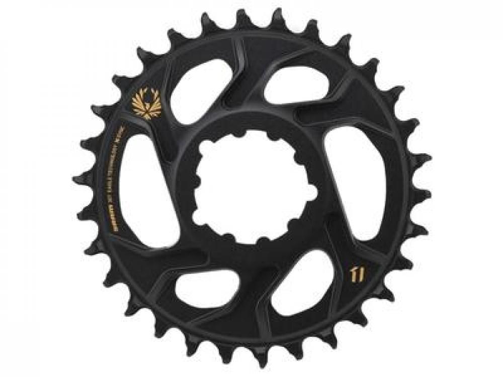 Schwarzes SRAM X-Sync Eagle 32T Boost Kettenblatt mit goldenem Logo für präzisen MTB-Antrieb.