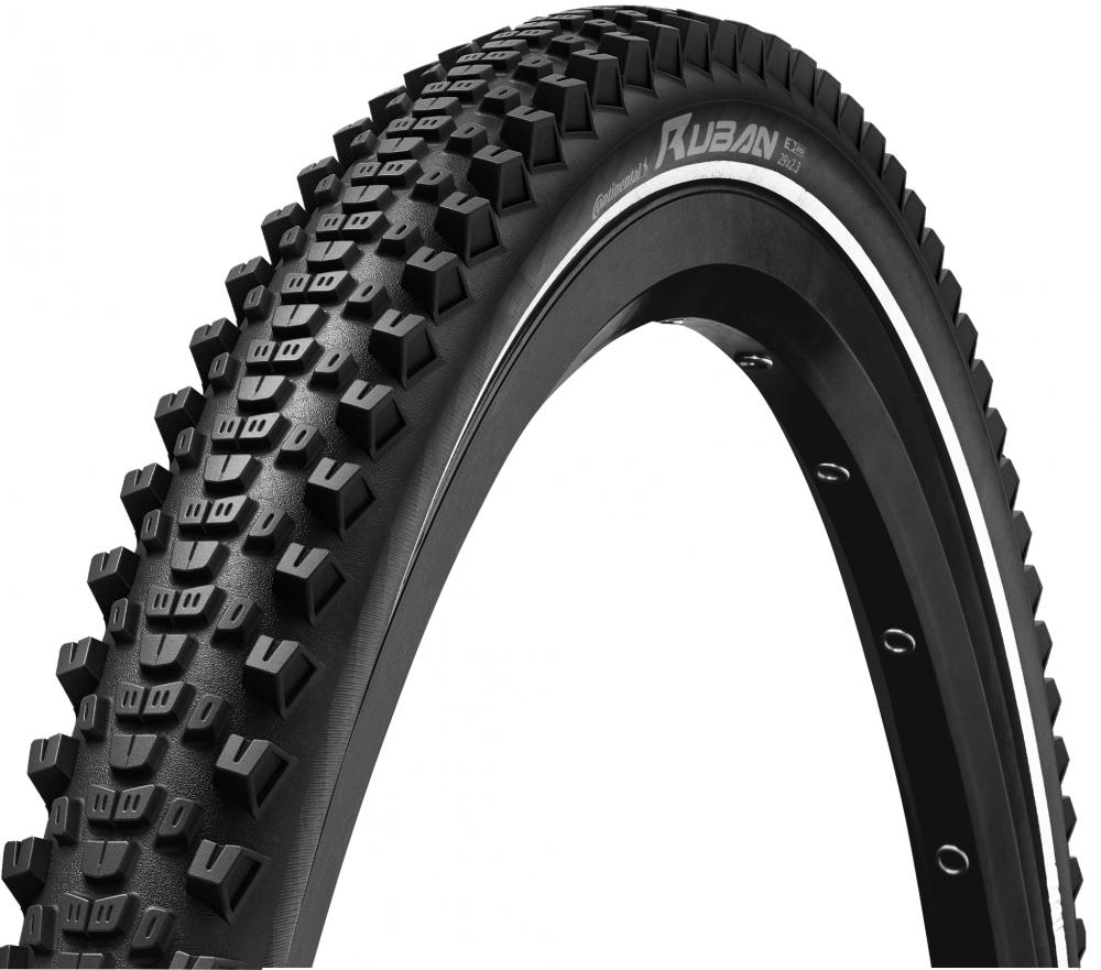 Schwarzer Continental Ruban Fahrradreifen 27,5x2.60 E-25 mit Reflexstreifen und robustem Profil.