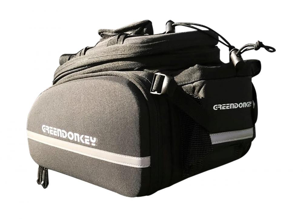 Greendonkey Hermann RT Fahrrad-Gepäckträgertasche in Schwarz/Dunkelgrau mit Reflektorstreifen.