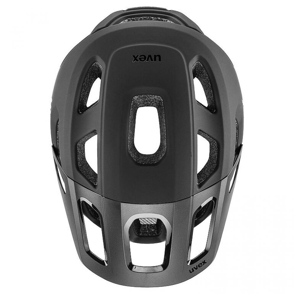 Uvex React MTB-Helm schwarz matt 56-59cm, von oben, mit Belüftungsöffnungen.