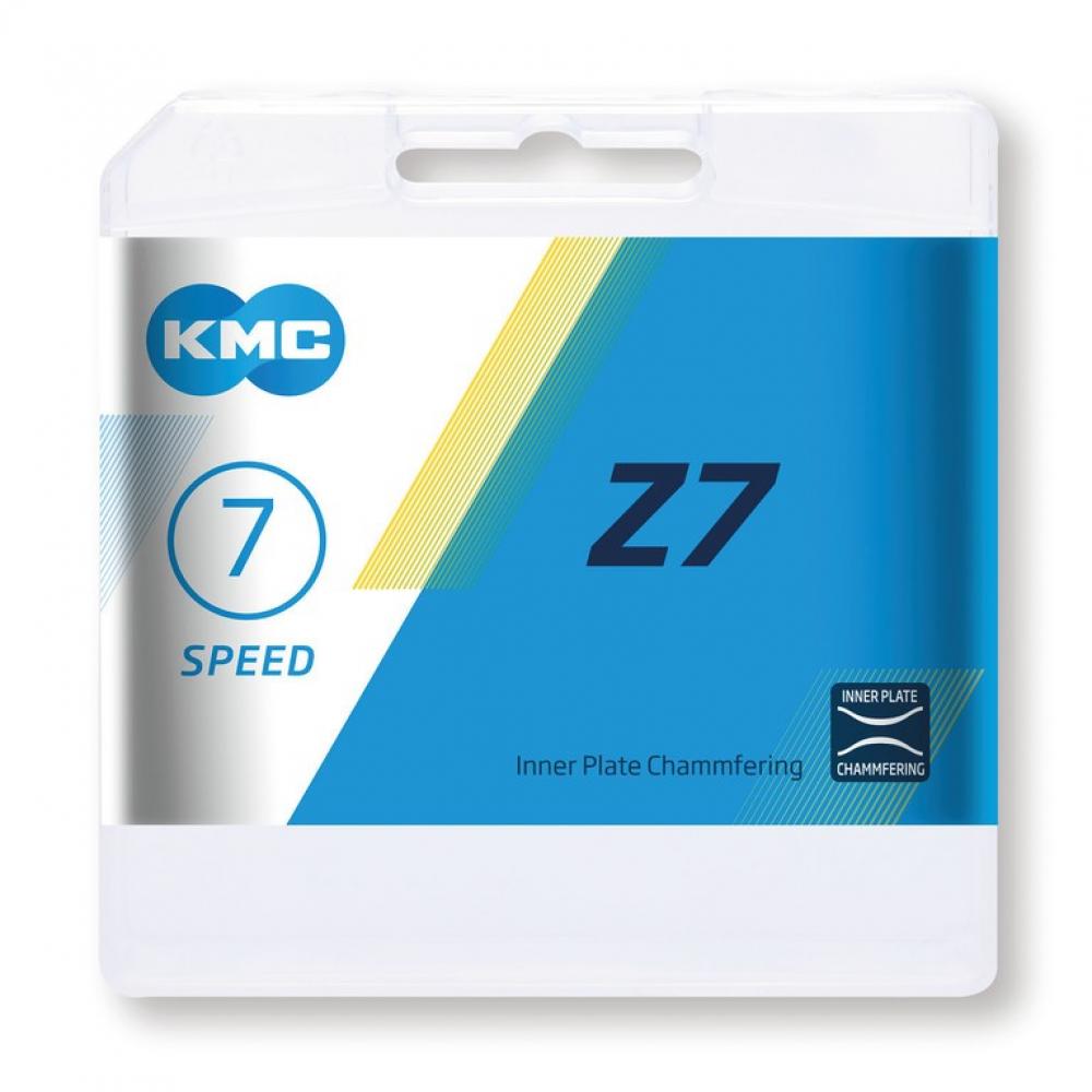KMC Z7 7-Gang Fahrradkette Verpackung in blau-weiß mit KMC Logo und '7 SPEED' Anzeige.