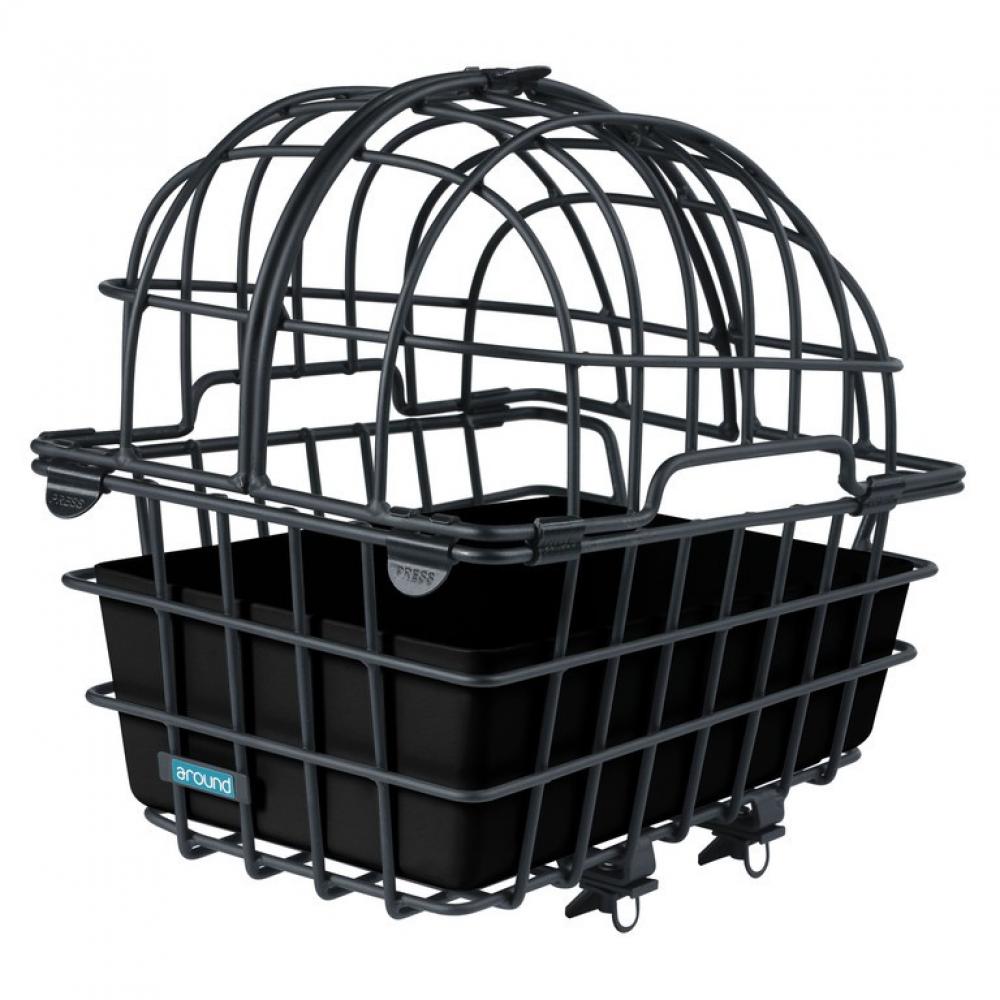 Schwarzer Mijnen Pieper Luna Alu Hinterrad-Tierfahrradkorb mit Gitteraufsatz und Fix-System.