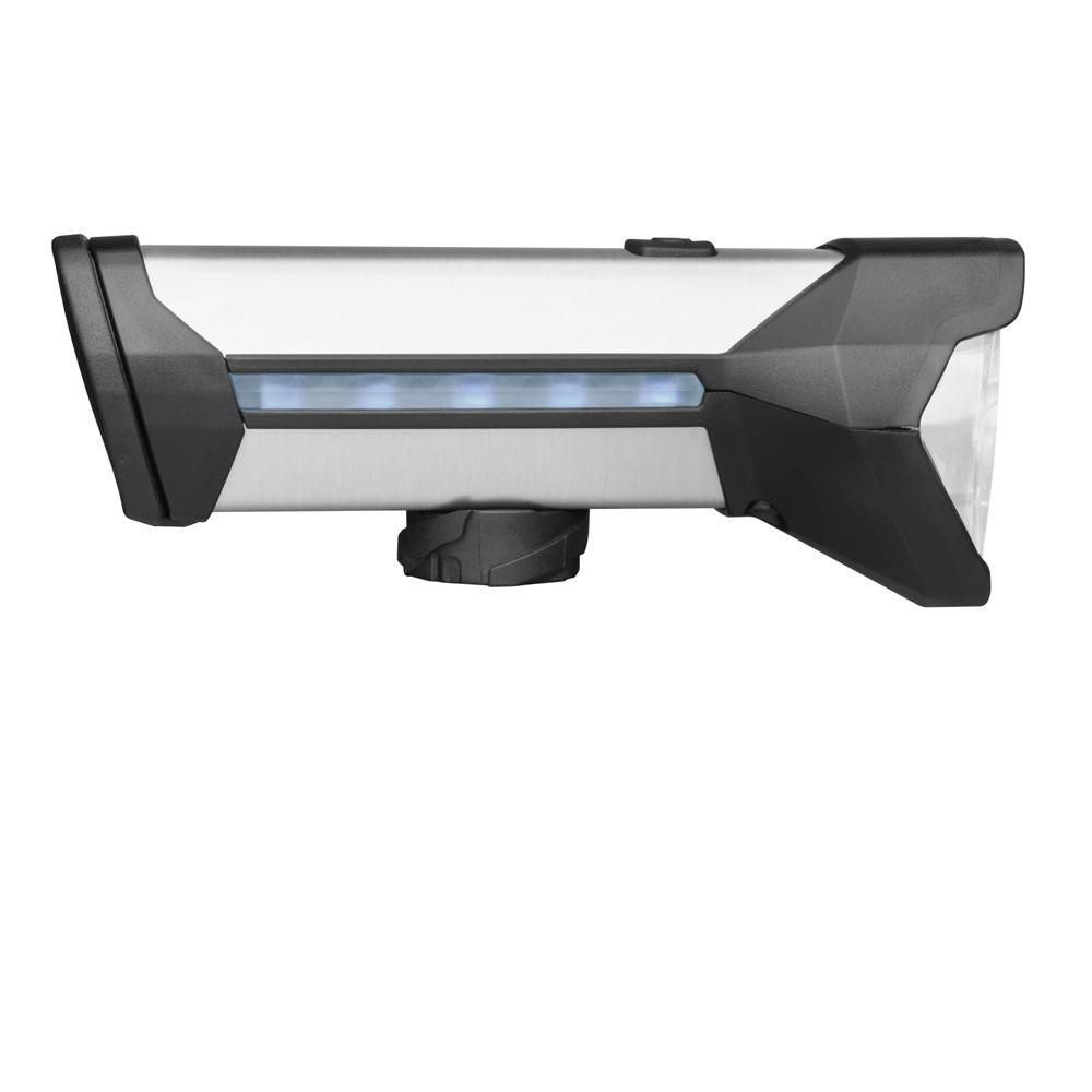 Busch + Müller IXON ROCK Akku-Scheinwerfer 100 Lux in Schwarz-Silber, LED-Frontleuchte mit Powerbank-Funktion.
