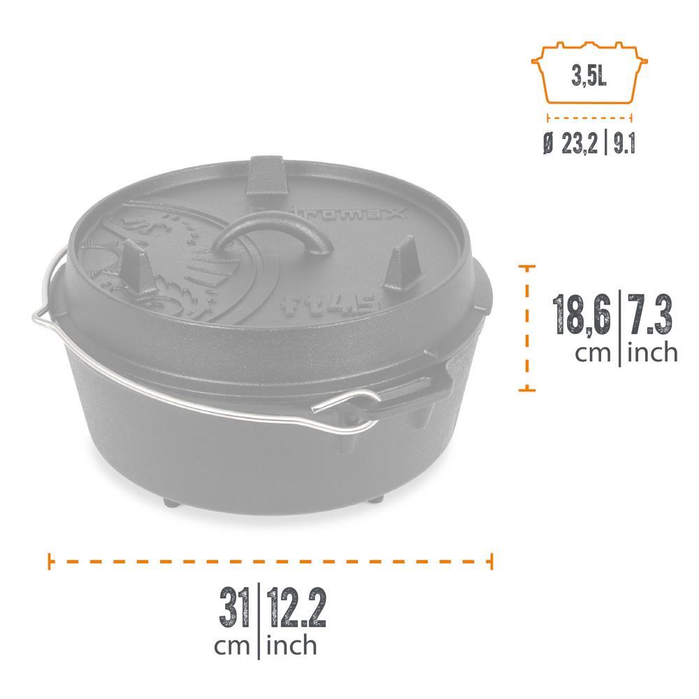 Petromax Feuertopf ft4.5 Gusseisen Dutch Oven 3,5 l mit Füßen für 25 Personen, perfekt für Lagerfeuer, Grill und Backofen, gleichmäßige Hitzeverteilung