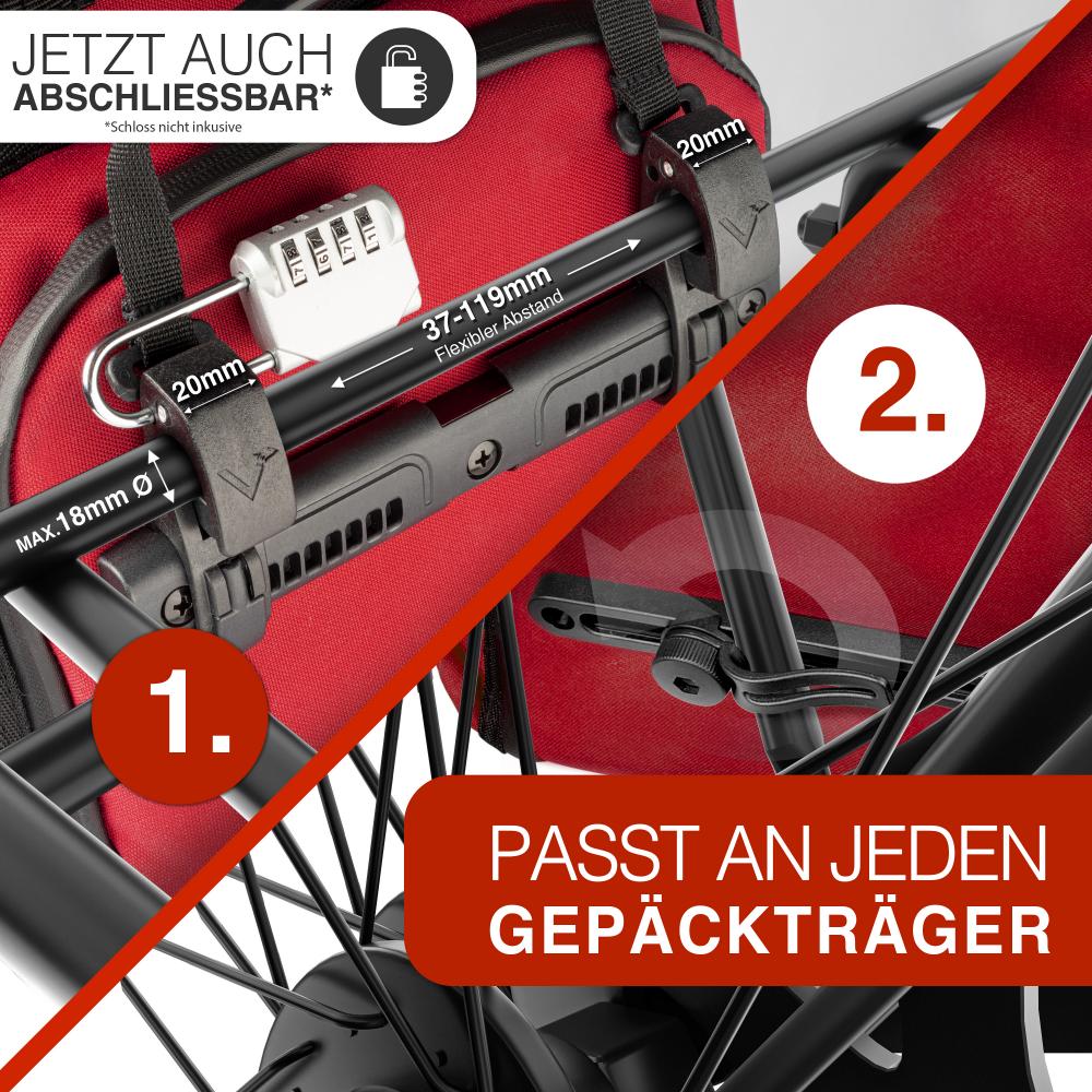 Valkental ValkPro 3in1 Fahrradtasche rot am Gepäckträger, abschließbar, passt an jeden Gepäckträger.
