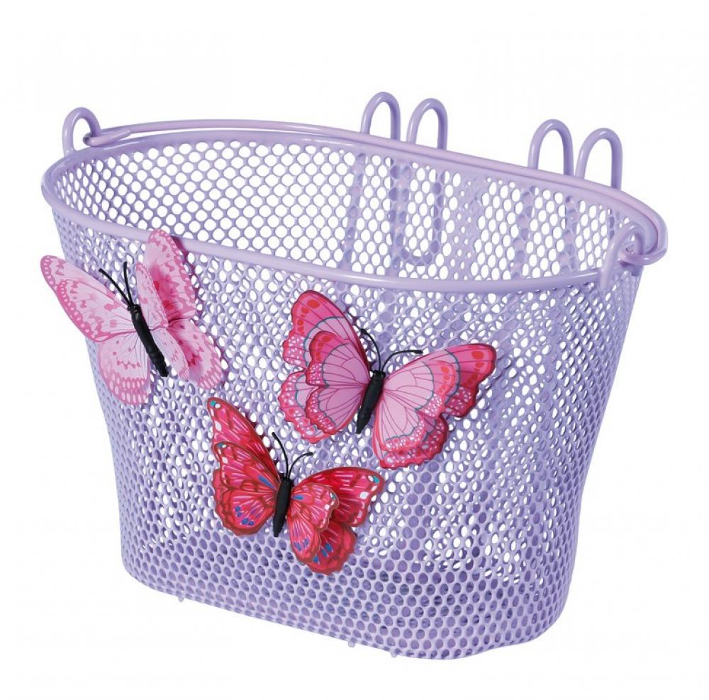 Abnehmbarer lila Basil Jasmin Kinder-Fahrradkorb aus Stahl mit Schmetterlings-Design für den Lenker.