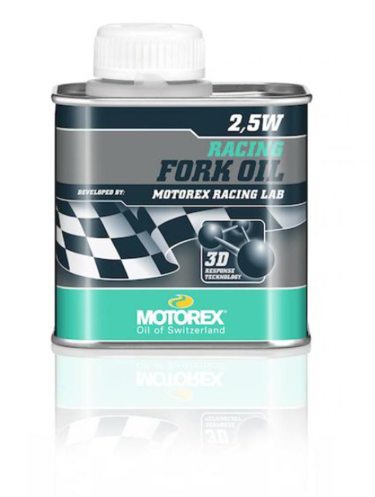 MOTOREX Racing Fork Oil 2,5W 250ml Hochleistungs-Gabelöl für moderne Motorrad-Gabelsysteme auf weißem Grund.