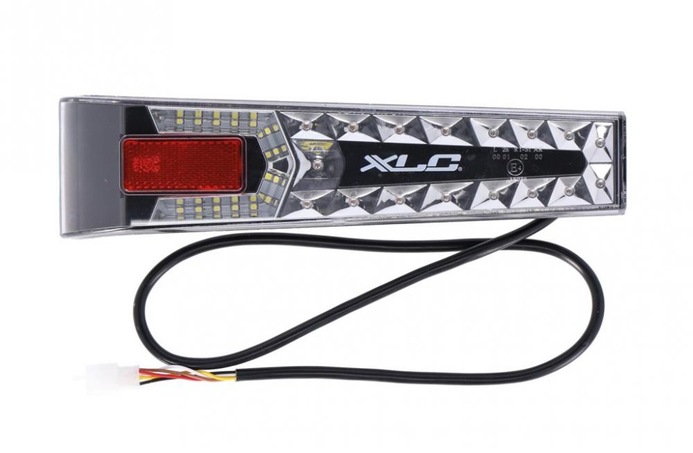 XLC LED Fahrradbeleuchtung links mit rotem Reflektor und Anschlusskabel.