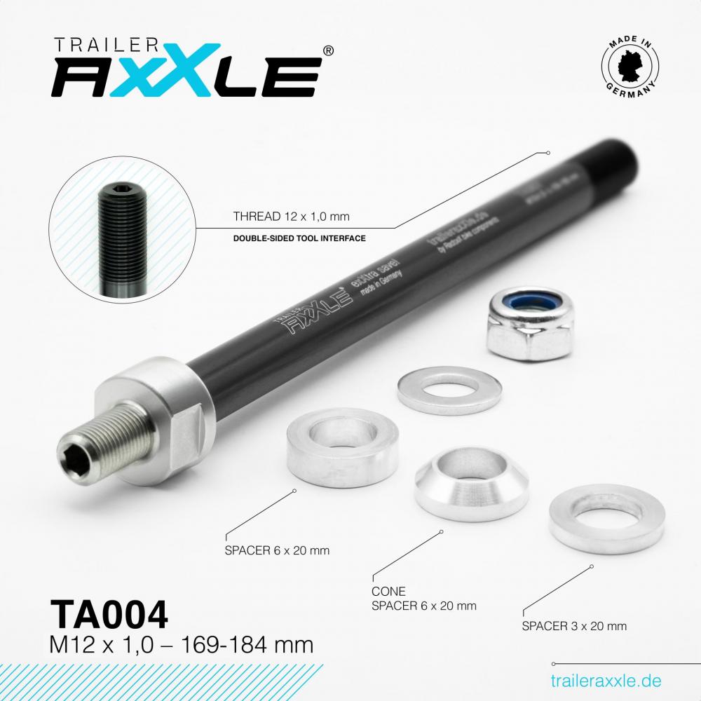 Radoxx Trailer AxXle TA004 Steckachse M12x1,0 169-184mm für Fahrradanhänger mit Zubehör, TÜV-geprüft, Made in Germany.