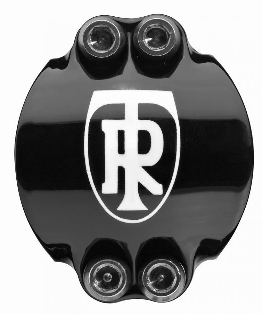 Schwarze Ritchey WCS 4-Axis Fahrrad-Vorbaukappe mit weißem R-Logo und vier Inbusschrauben.