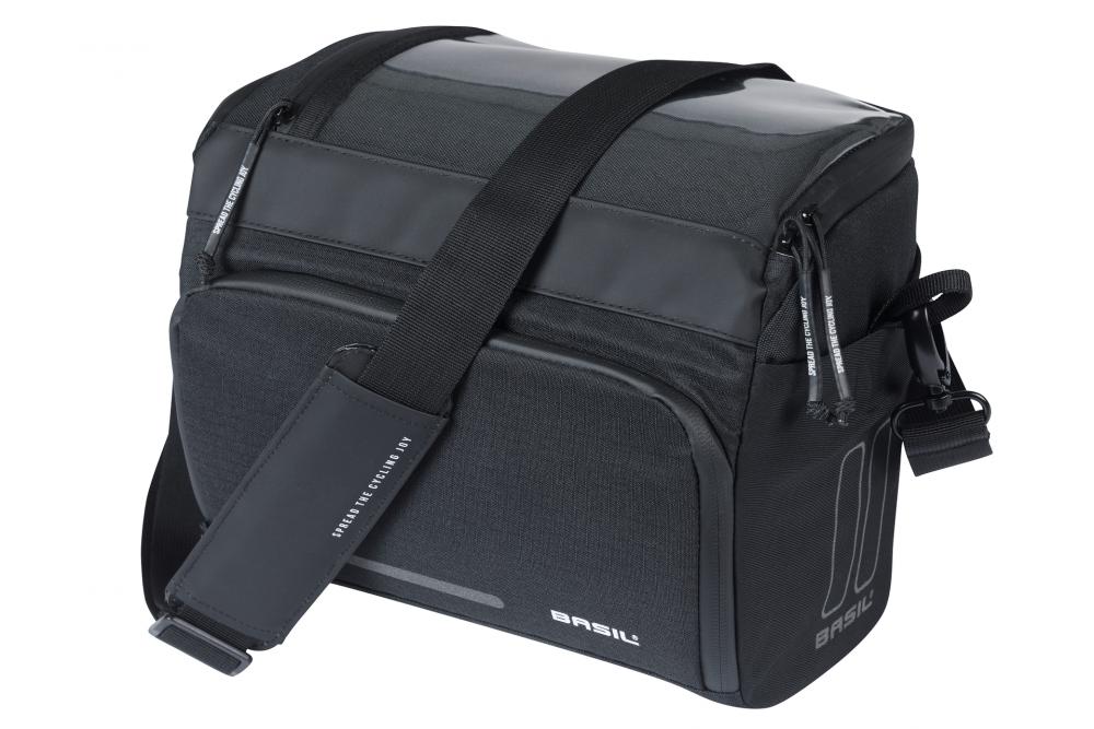Schwarze Basil Move Lenkertasche KF, wasserabweisend, mit Smartphone-Fach, Reflektoren und Schultergurt.