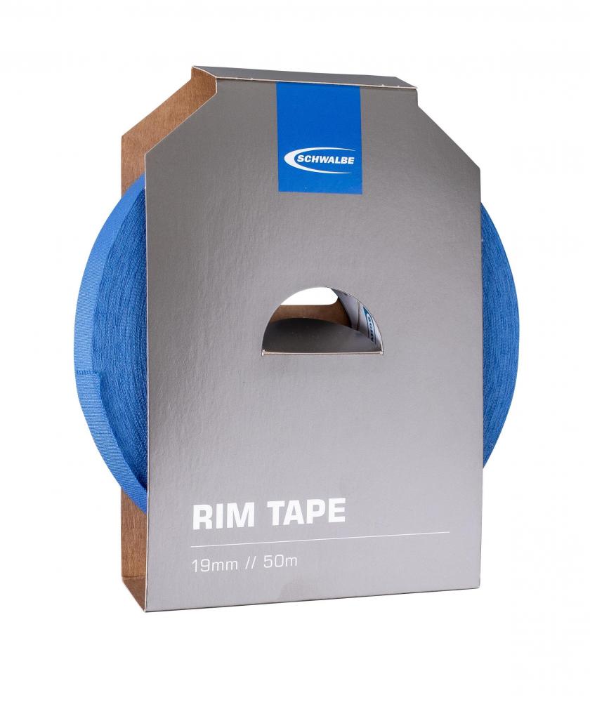 Schwalbe selbstklebendes Gewebefelgenband 19mm x 50m Rolle in Blau, verpackt im Karton.