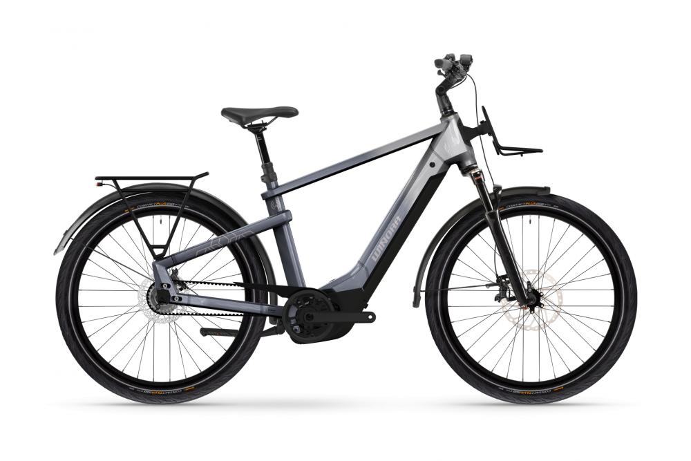 Winora YAKUN R5 PRO High E-Bike, grau, mit integriertem 800Wh Akku, Front- und Heckgepäckträger.
