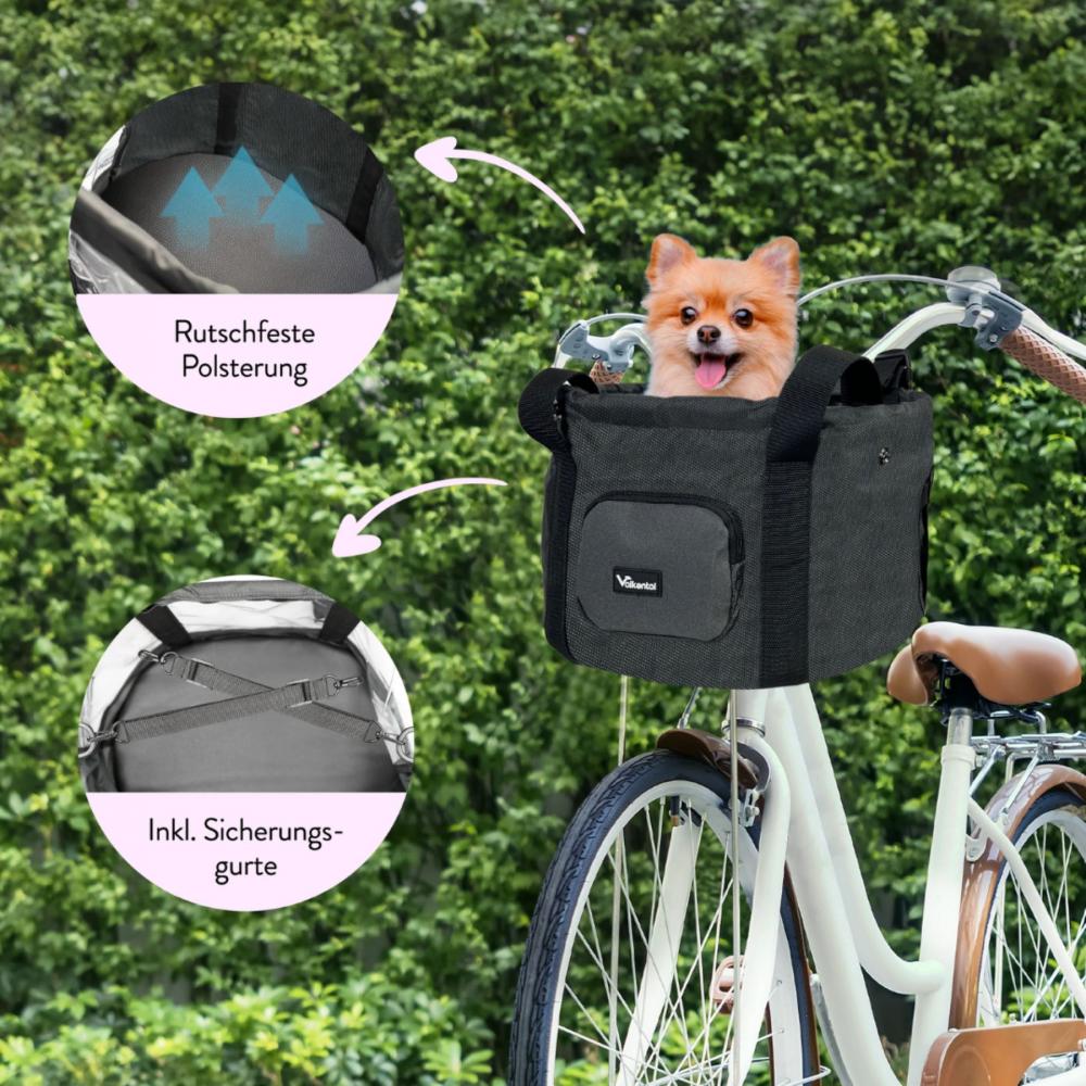 Valkental grauer Fahrradkorb für kleine Hunde am Lenker mit Polsterung & Gurten, Pomeranian im Korb.
