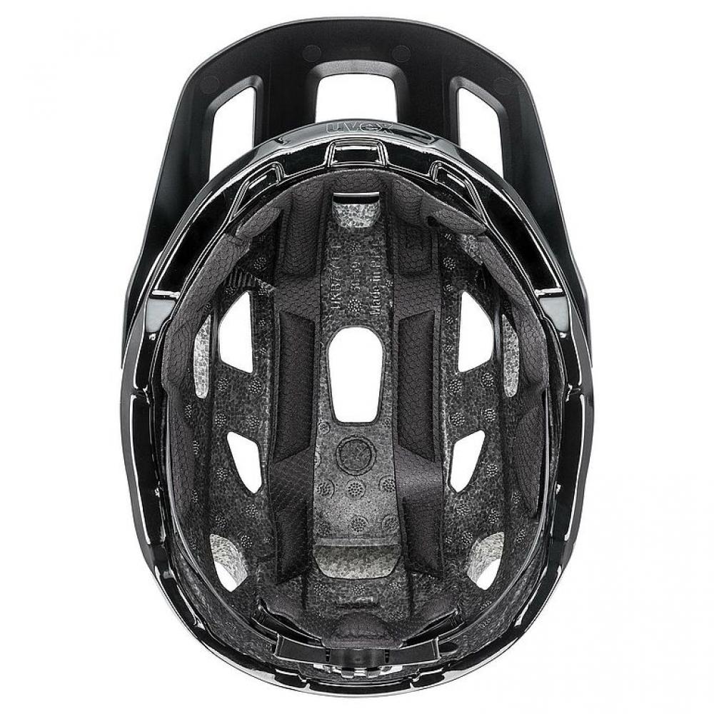 Uvex React MTB-Helm schwarz matt 56-59cm, Innenansicht von oben mit Polsterung und Größenangabe.