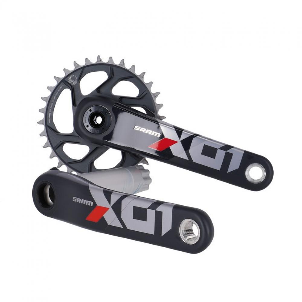 SRAM X01 Eagle DUB Carbon Kurbelgarnitur für MTB, schwarz mit roten Logos und 32T Kettenblatt.