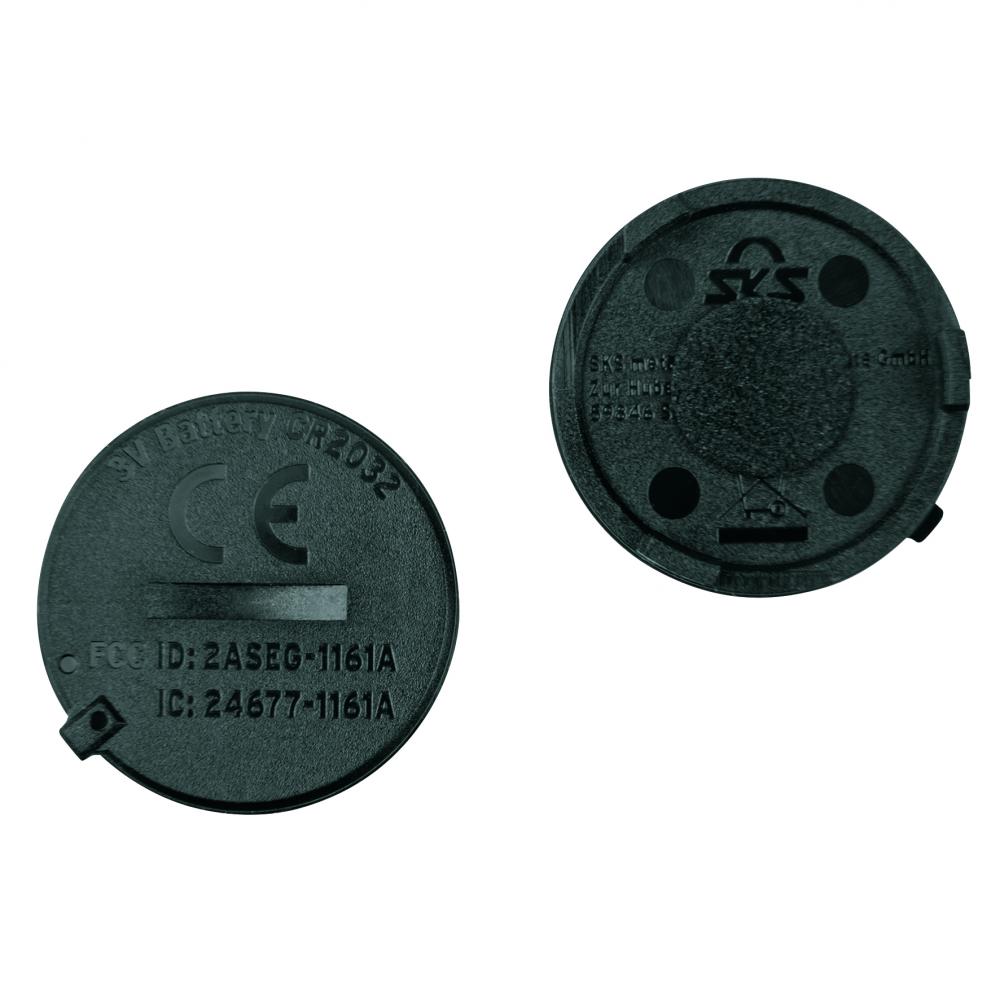 Zwei schwarze SKS AIRSPY Ersatzdeckel für Reifendrucksensoren, passend für Ventile, schützt vor Staub.