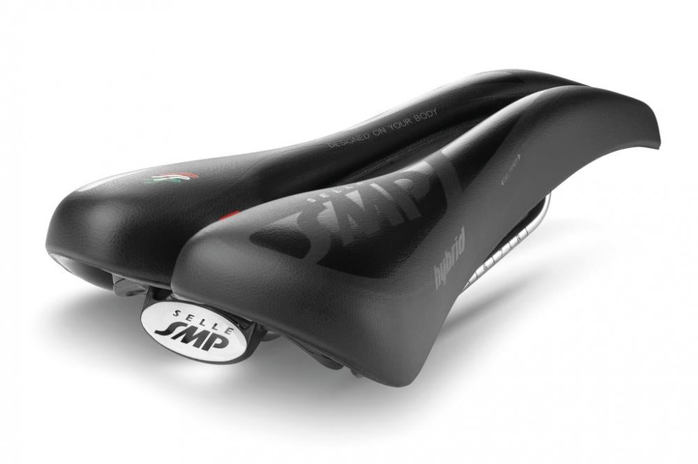 Selle SMP Hybrid Gel Fahrradsattel schwarz Unisex 275x140mm mit ergonomischem Design und zentraler Aussparung.