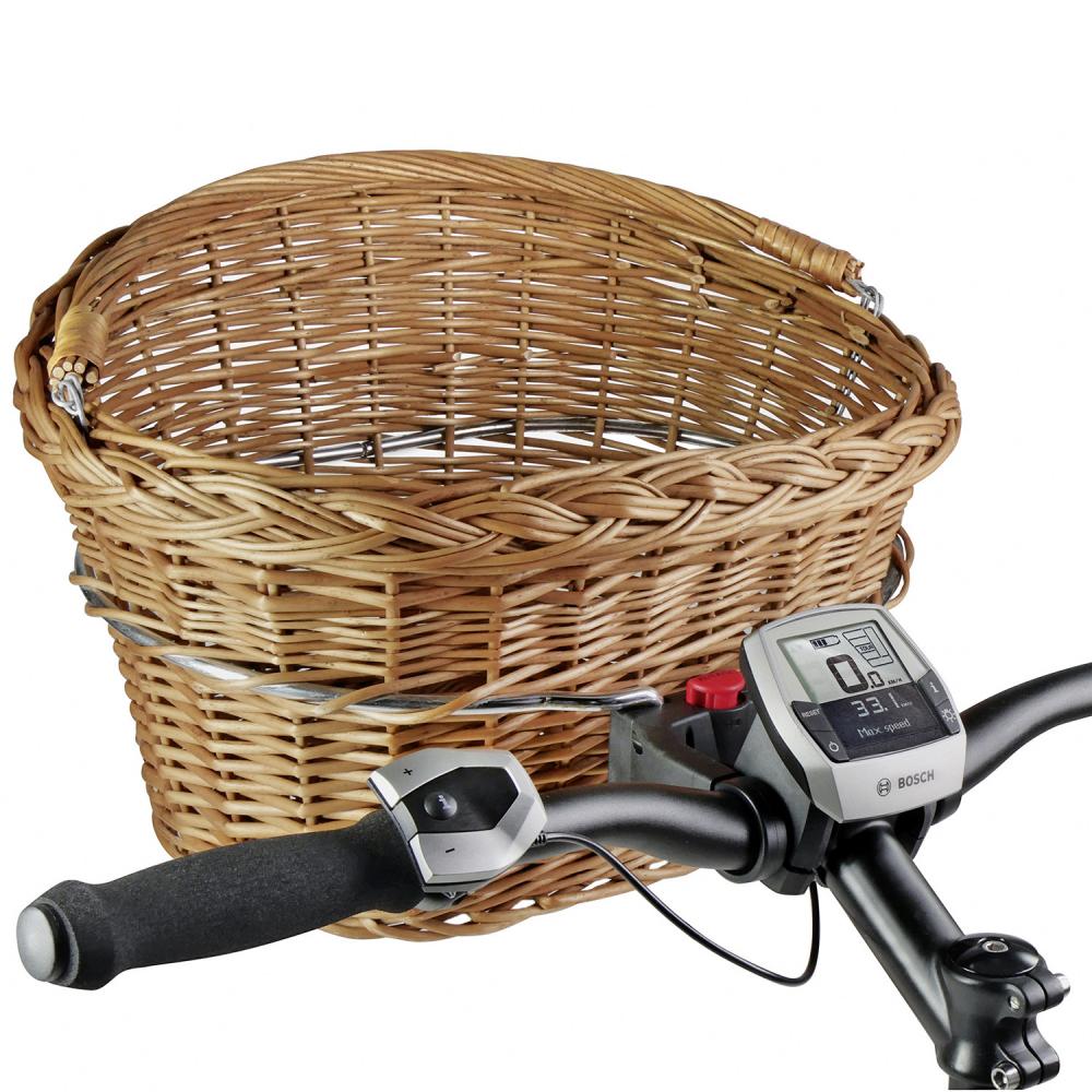 Brauner KLICKfix Weidenkorb aus Naturweide am Fahrradlenker mit Bosch E-Bike Display.