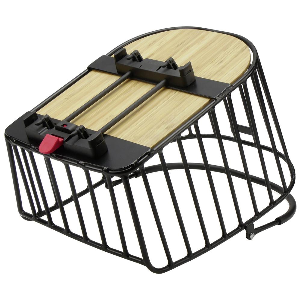 Fahrrad-Hinterradkorb KLICKfix Alumino GT Racktime, schwarz mit Holz-Boden und Schnellverschluss.