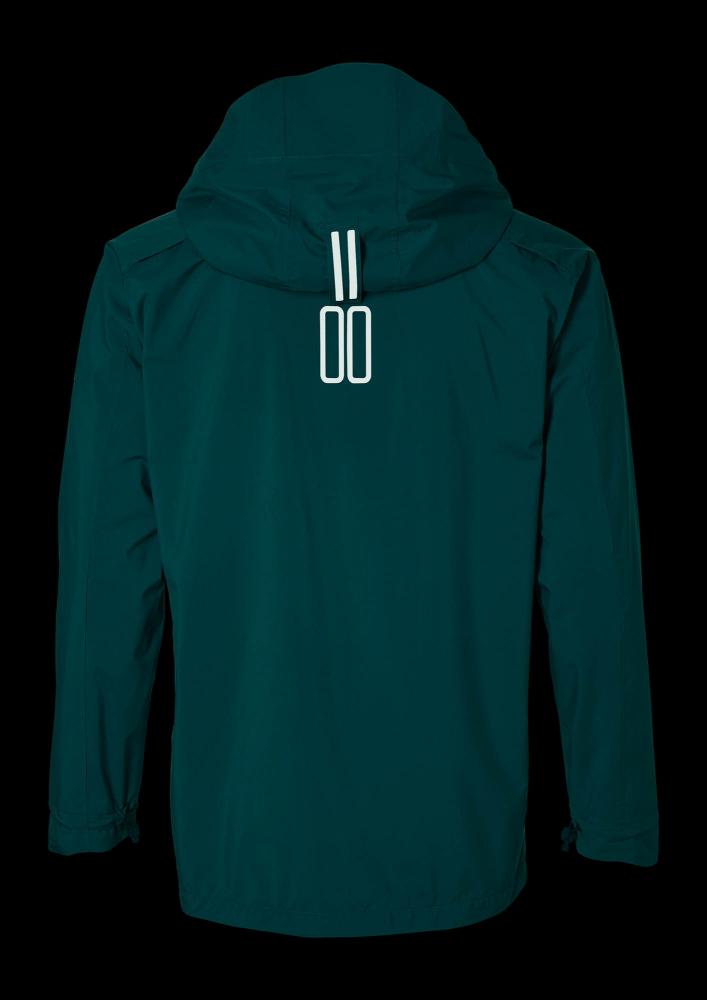 Basil Skane Herren Regenjacke teal green, wasserdicht & atmungsaktiv, Rückansicht mit reflektierenden Streifen und Kapuze.