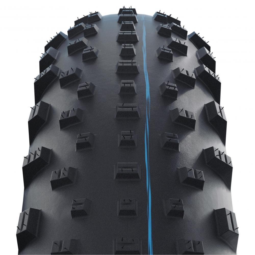 Schwalbe Jumbo Jim 26x4.00 Fatbike Reifen, Super Ground, ADDIX SpeedGrip, mit Stollenprofil und blauer Markierung.