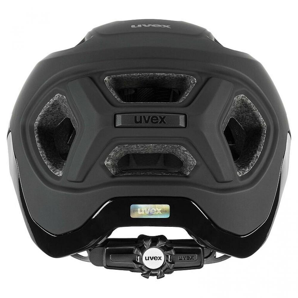 Uvex React MTB-Helm schwarz matt, Rückansicht mit 3D IAS 3.0 Verstellsystem und Belüftung.
