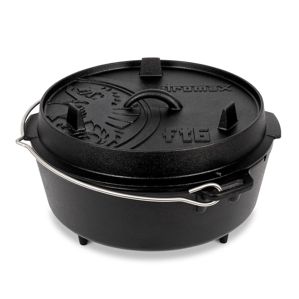 Petromax Feuertopf ft6 Dutch Oven 5,5 l Gusseisen, Deckel als Pfanne nutzbar, Thermometerdurchführung, für 48 Personen, ideal für Lagerfeuer & Grill
