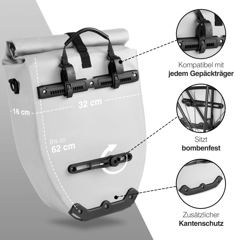 Valkental ValkBasic 28L wasserdichte Fahrrad-Gepäckträgertasche mit Reflektoren, 62x32x17 cm, 950g, Grau, 22-28L Volumen, inkl. Schulterriemen