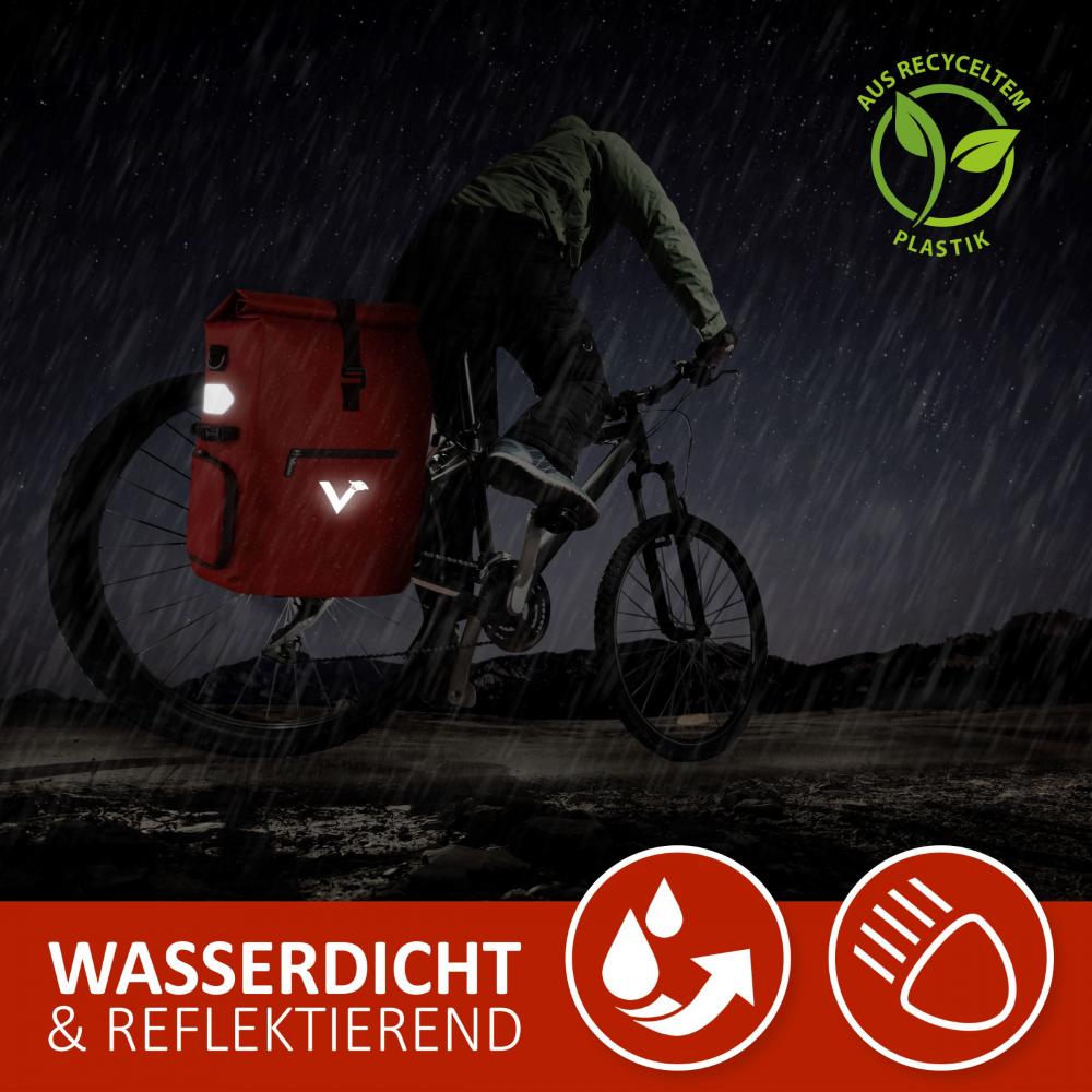 Valkental Rucksack ValkPro 3in1 Fahrradtasche rot, wasserdicht, reflektierend, aus recyceltem Plastik.