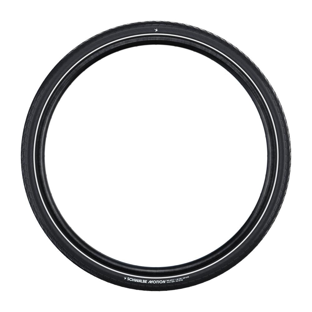 Komfortabler Schwalbe Motion Big Apple 55-406 City-Drahtreifen, schwarz mit Reflexstreifen und Pannenschutz.