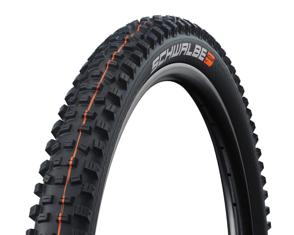 Schwalbe Hans Dampf 27.5x2.35" schwarz TLE E-25 Faltreifen mit Mountainbike-Profil und orangen Linien.