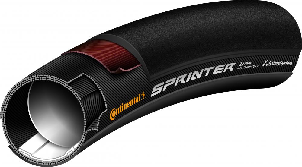 Continental Sprinter Schlauchreifen schwarz, Querschnitt zeigt Innenaufbau und SafetySystem Technologie.
