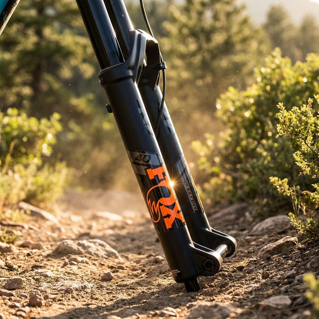 FOX Decal Kit 40 F-S Orange Logo auf Mountainbike Federgabel. Hochwertige Aufkleber für FOX Gabeln, sportlicher Look, UV-beständig.